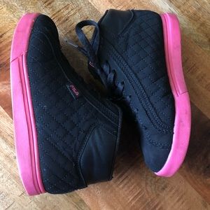 Pink and black filas shoes.